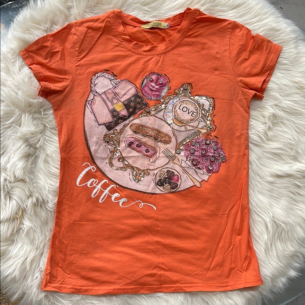 Orange Graphic Tee with Coffee Design